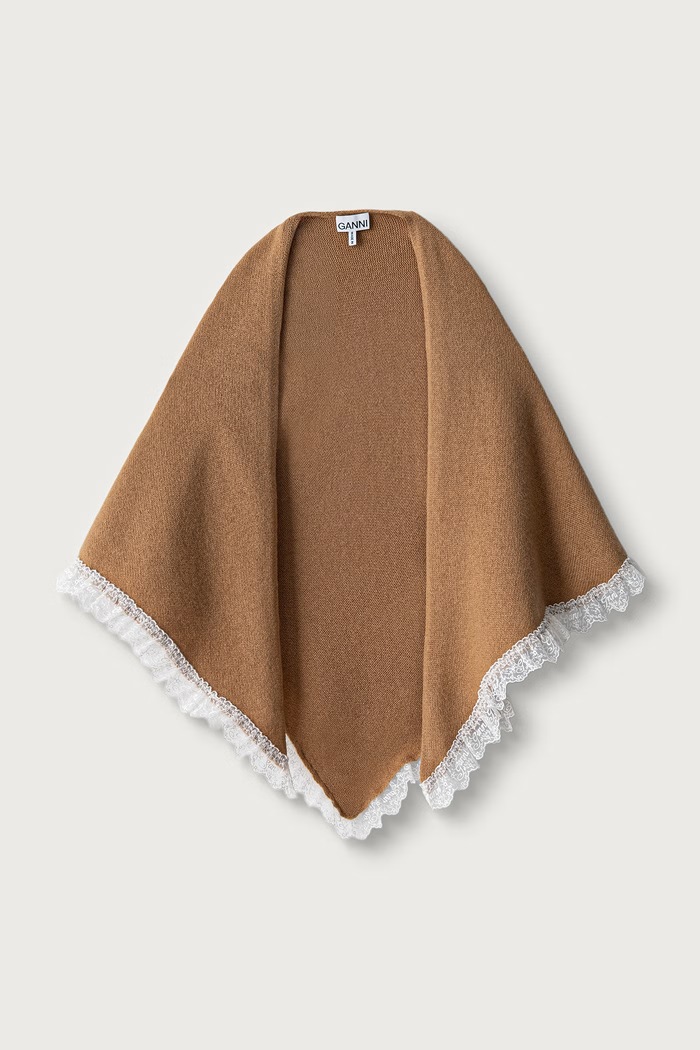 GANNI Triangular Scarf szalik damski z wełną brązowy B3020273