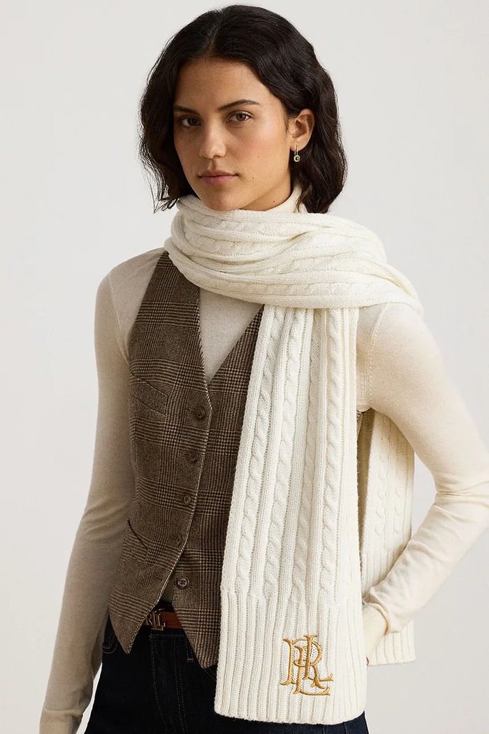 Szalik damski z dodatkiem wełny Lauren Ralph Lauren 454P23506 beżowy