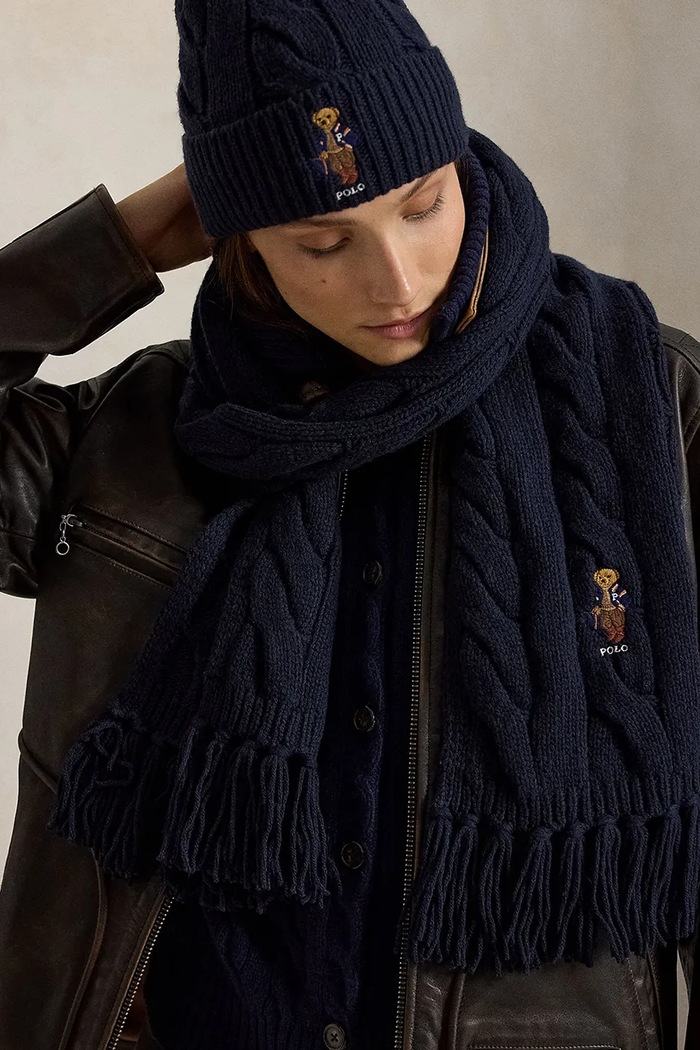 Szalik damski z wełną Polo Ralph Lauren 455P18119 granatowy