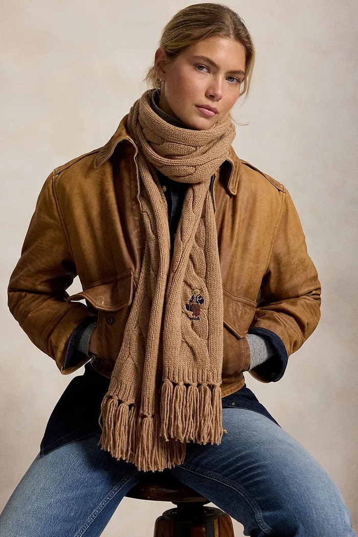Szalik damski z wełną Polo Ralph Lauren 455P18119 brązowy