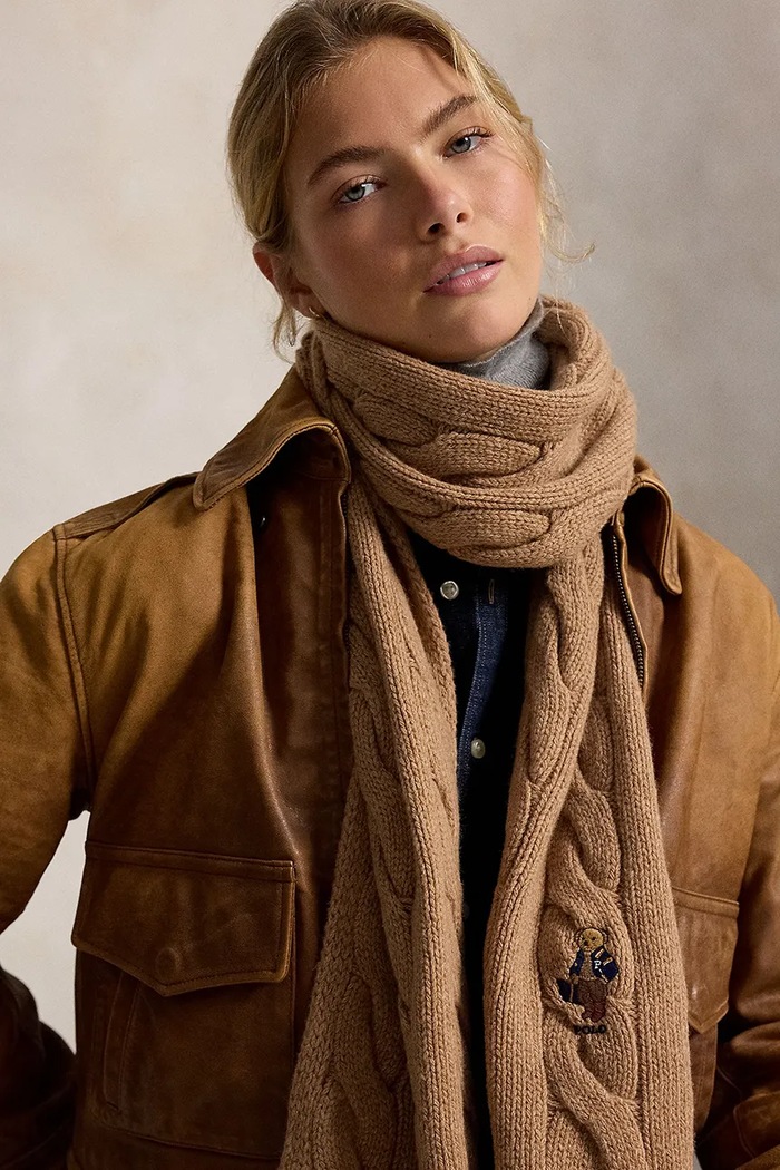 Szalik damski z wełną Polo Ralph Lauren brązowy 455P18119