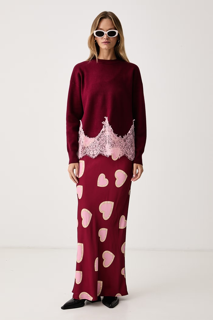 Never Fully Dressed Spódnica z wiskozy NFDSK977 bordowy AW26