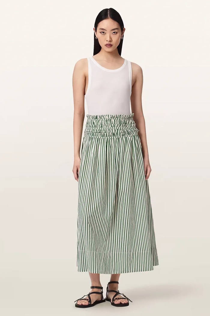 AllSaints spódnica rozkloszowana bawełniana KALI zielony W099RE
