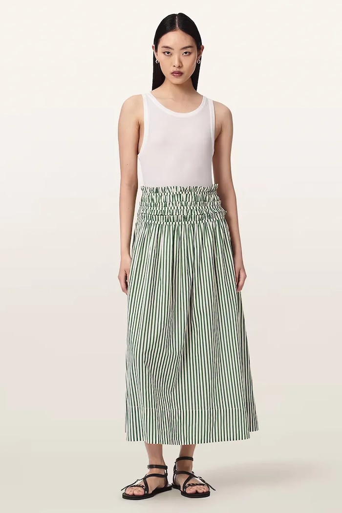 AllSaints spódnica rozkloszowana bawełniana KALI zielony W099RE