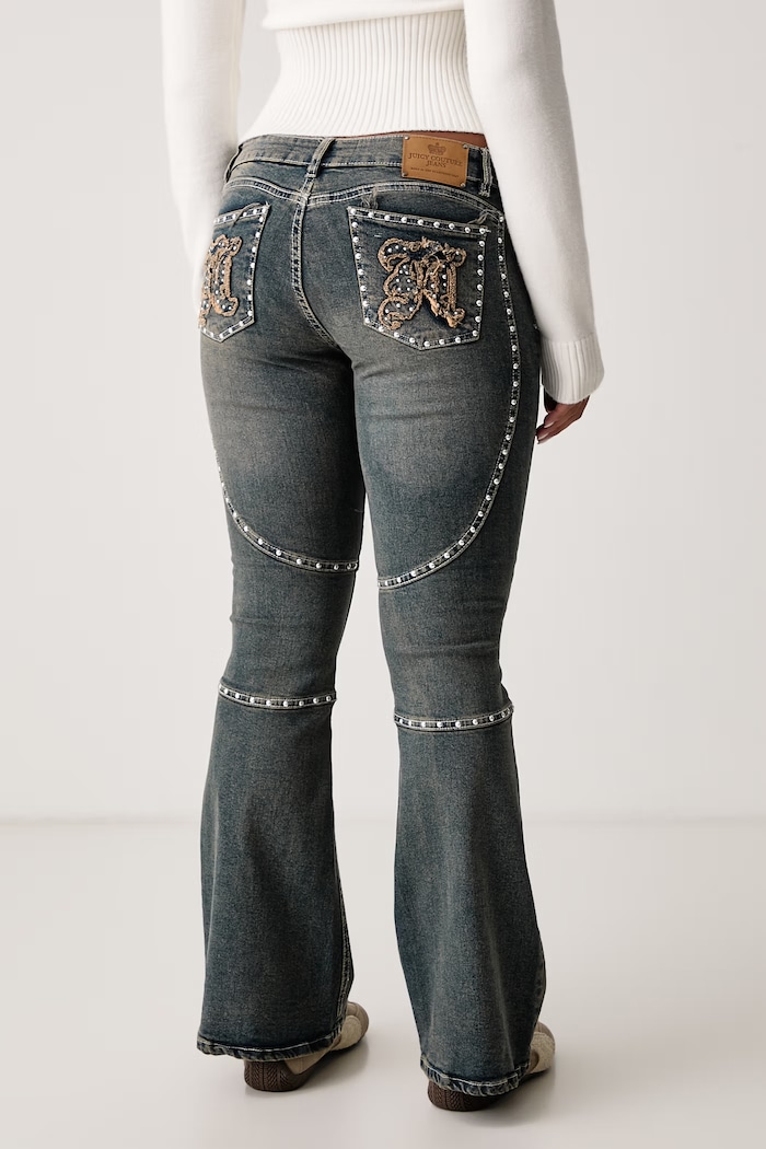 Oblačila Juicy Couture Flare kavbojke ženske STUD JUICY MOTO FLARE JEAN JCDJE226957 modra