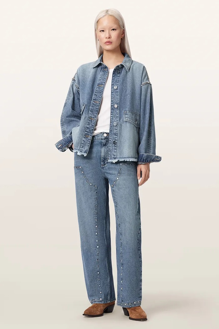 Odzież AllSaints Jeansy barrel damskie SADIE STUD JEAN W029EF niebieski