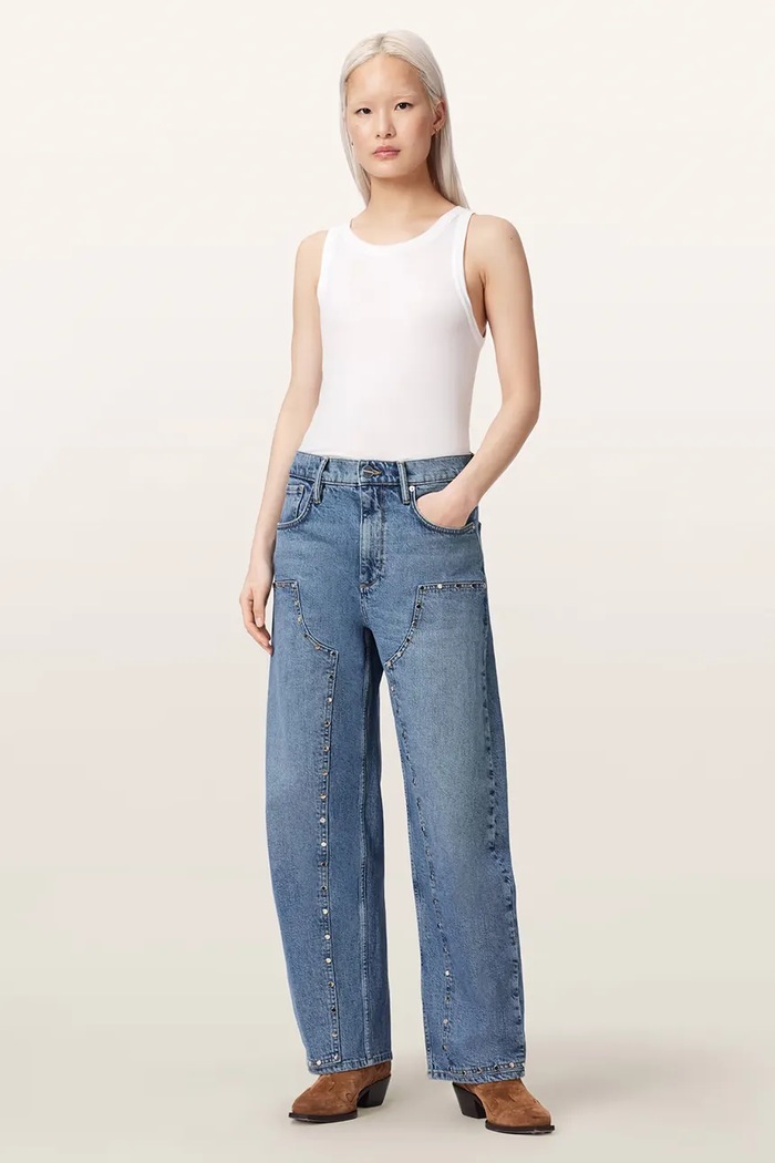 Jeansy barrel damskie SADIE STUD JEAN AllSaints W029EF niebieski