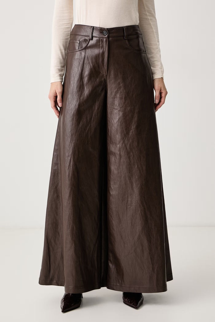 Haveone Spodnie wide leg damskie z imitacji skóry brązowy PVI.R151