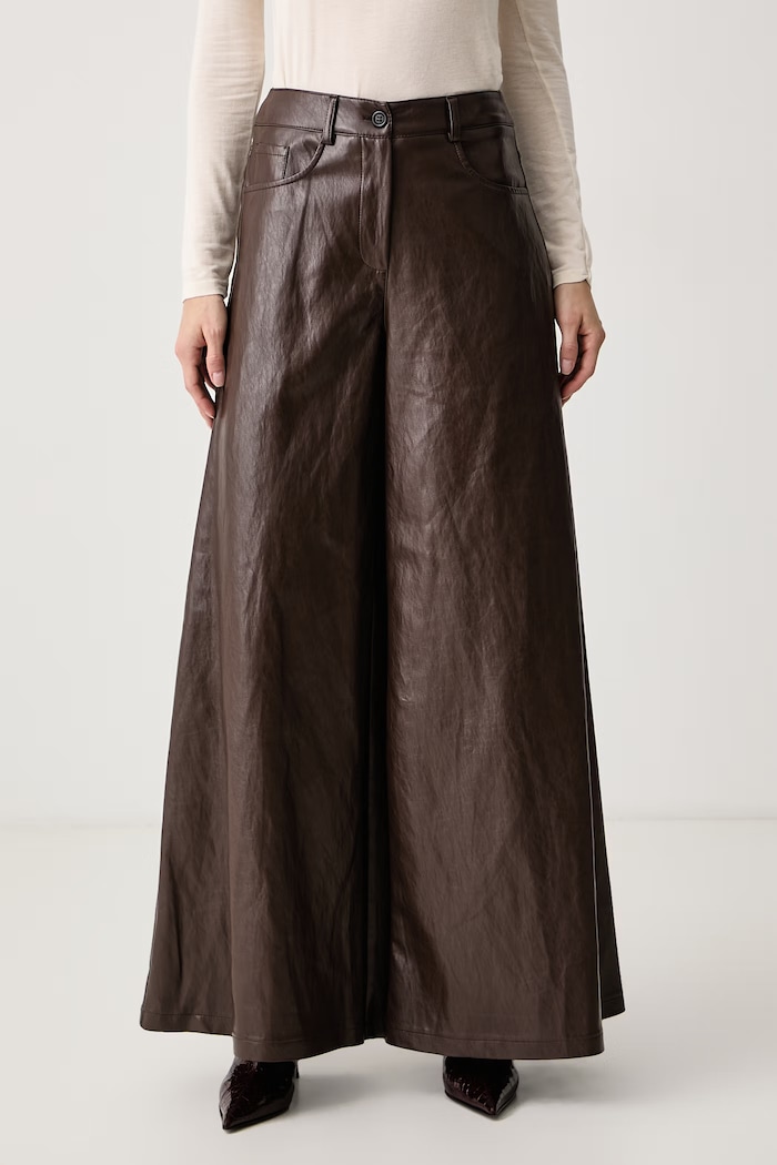 Haveone Spodnie wide leg damskie z imitacji skóry brązowy PVI.R151