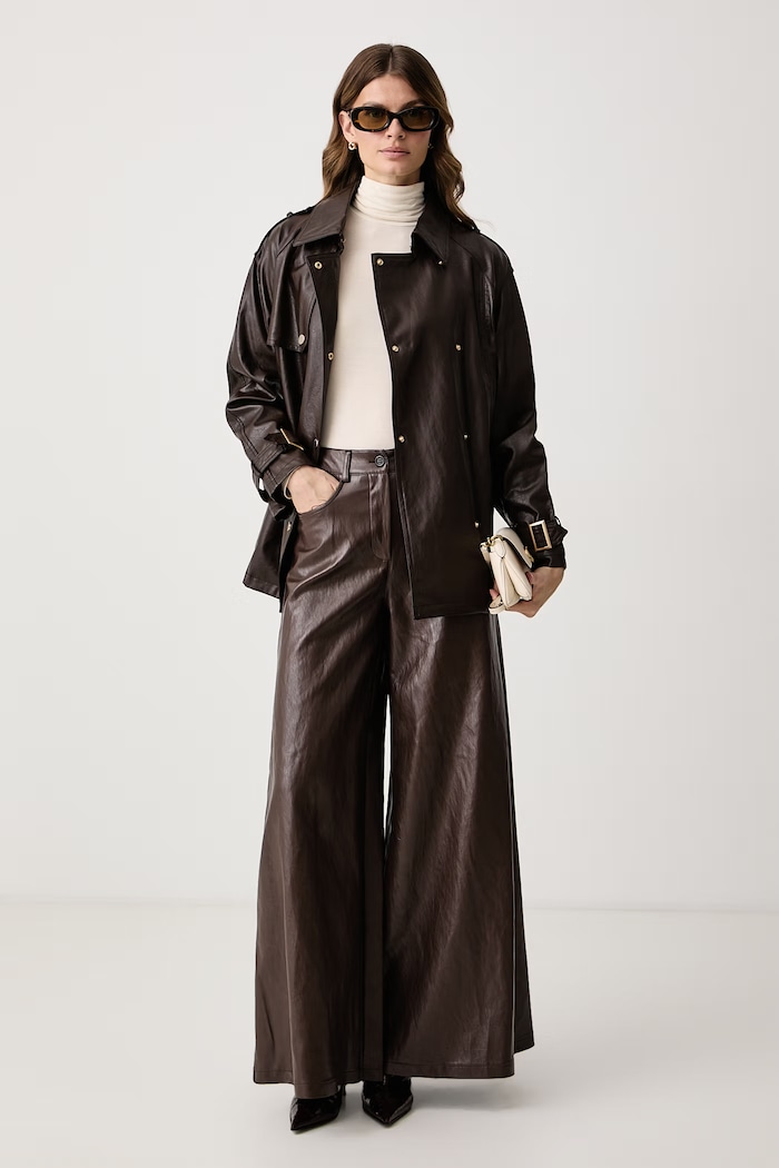 Haveone Pantaloni wide leg da donna in similpelle PVI.R151 marrone AW26
