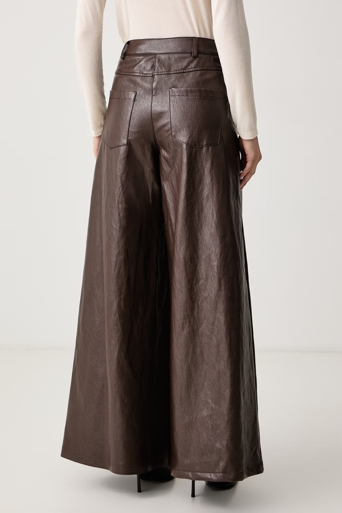 Odzież Haveone Spodnie wide leg damskie z imitacji skóry PVI.R151 brązowy