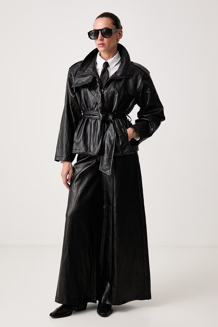 Haveone Spodnie wide leg damskie z imitacji skóry PVI.R151 czarny AW26
