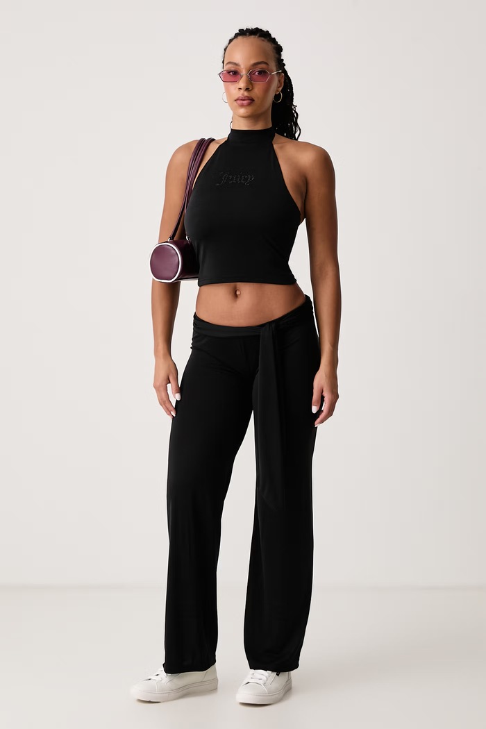 Juicy Couture Flare hlače ženske z viskozo EMERSON BELTED STRAIGHT JCWFE226332 črna AW26