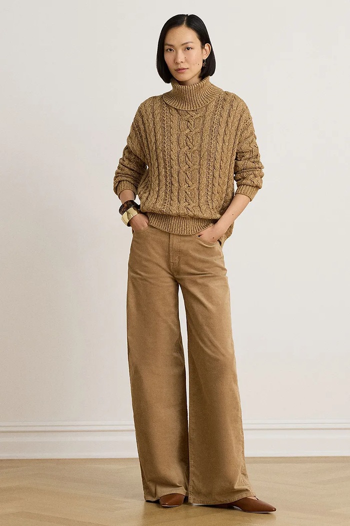 Odzież Lauren Ralph Lauren Spodnie wide leg damskie z kaszmirem 200B34256 brązowy