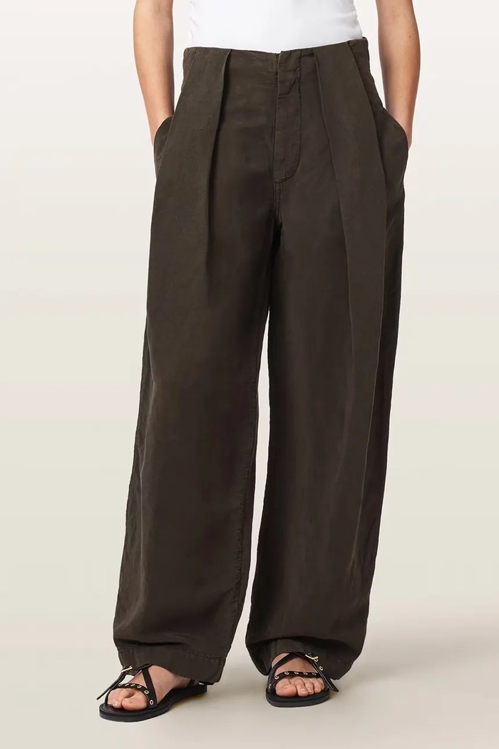AllSaints Spodnie wide leg damskie z dodatkiem lnu PHI brązowy W029TF