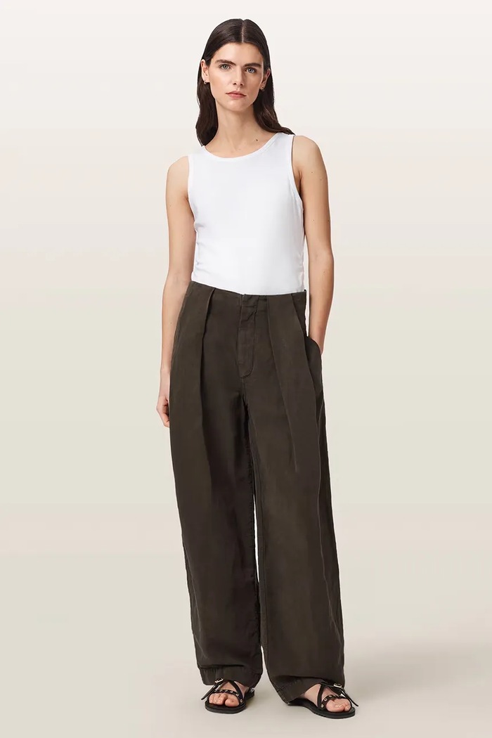 Odzież AllSaints Spodnie wide leg damskie z dodatkiem lnu PHI W029TF brązowy