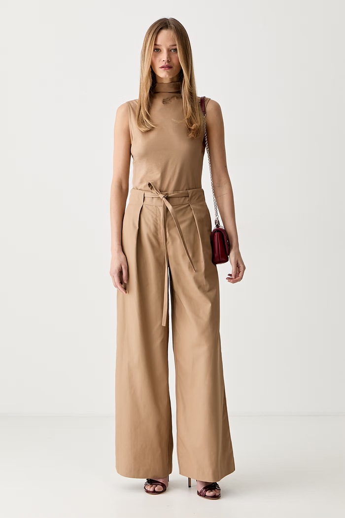 Karl Lagerfeld παντελόνι wide leg γυναικείο βαμβακερό B3W10084 μπεζ AW26