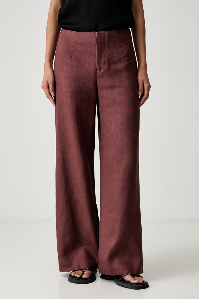 Bardot spodnie culottes damskie lniane DOMENICA bordowy 59250PB