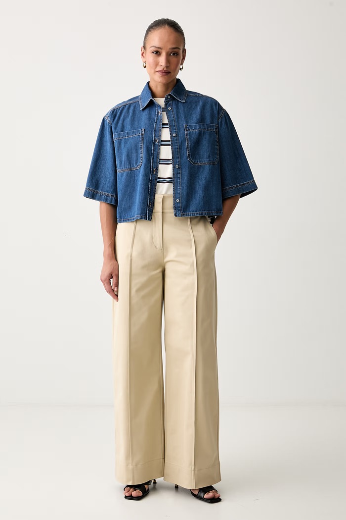 BOSS Orange παντελόνι wide leg γυναικείο βαμβακερό με ελαστάν C_Tawide 50563064 μπεζ AW26