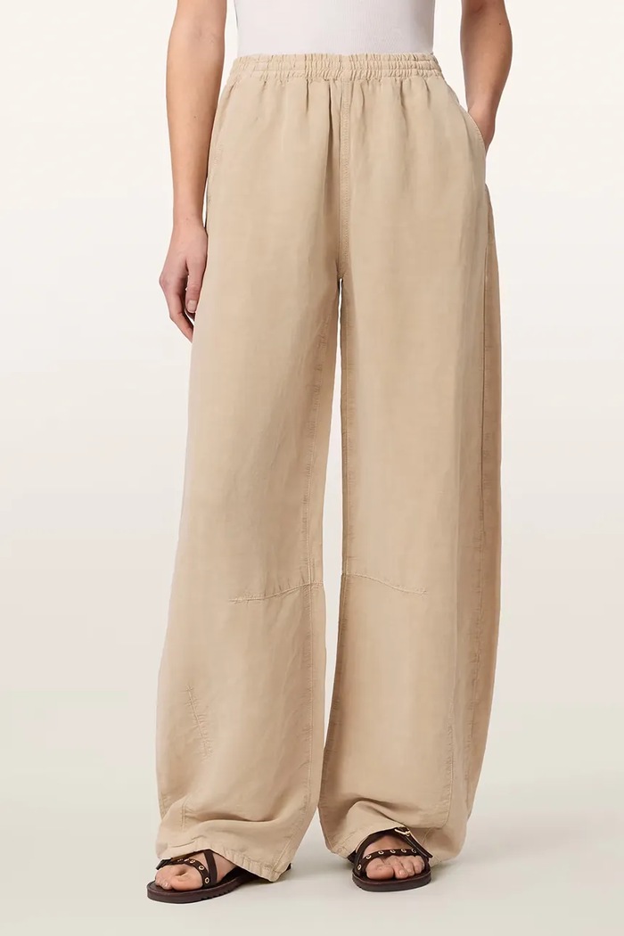 AllSaints Spodnie wide leg damskie z dodatkiem lnu JETT beżowy W070TE