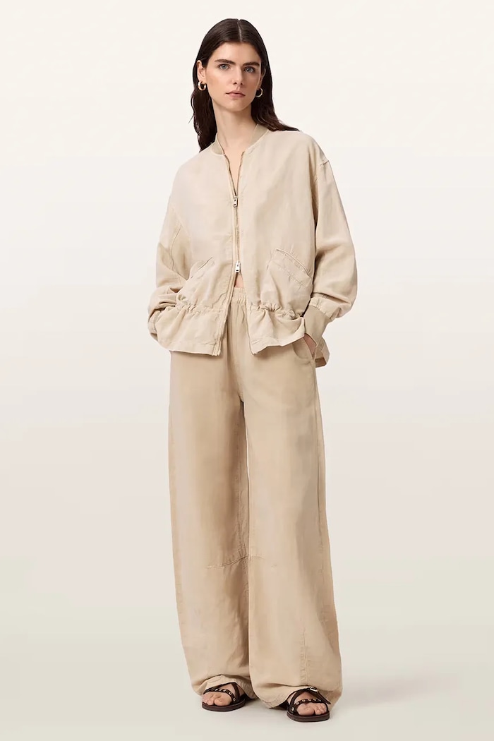 Odzież AllSaints Spodnie wide leg damskie z dodatkiem lnu JETT W070TE beżowy