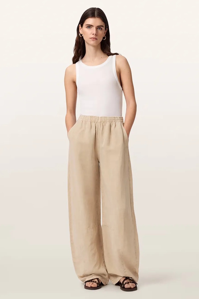 Spodnie wide leg damskie z dodatkiem lnu JETT AllSaints W070TE beżowy