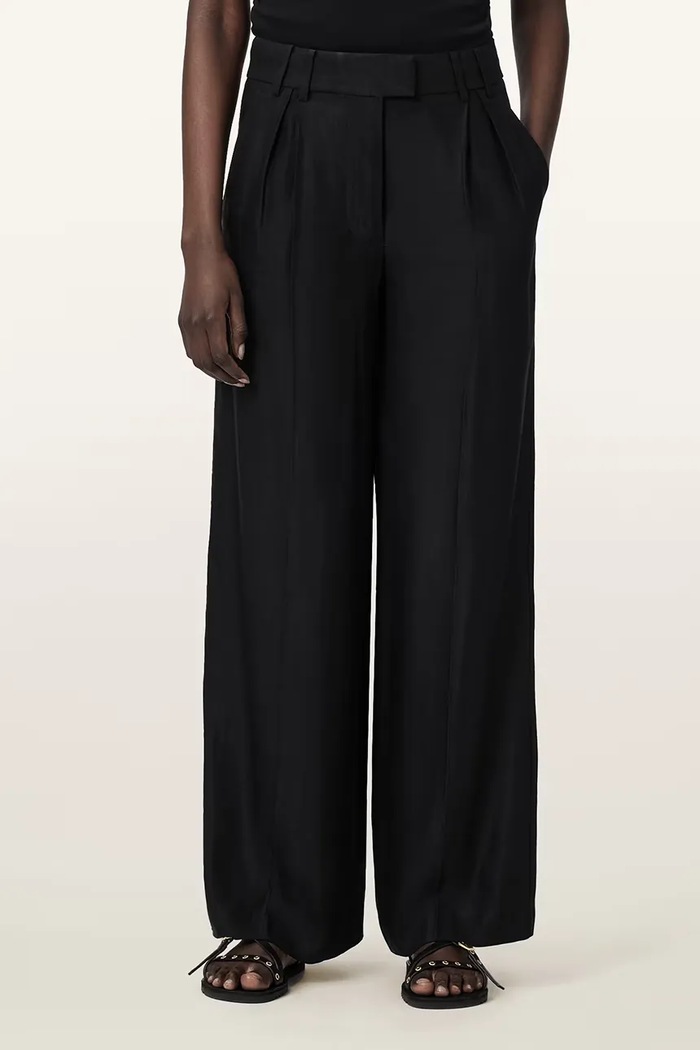 AllSaints nohavice wide leg dámske s ľanom CHARLEY čierna W050QE