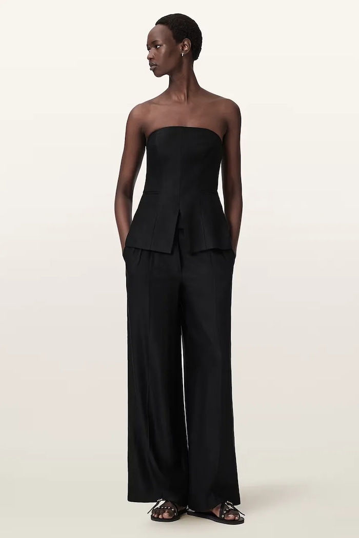 Oblečenie AllSaints nohavice wide leg dámske s ľanom CHARLEY W050QE čierna