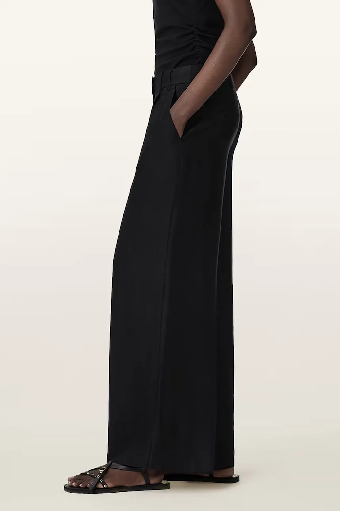 AllSaints nohavice wide leg dámske s ľanom CHARLEY čierna W050QE