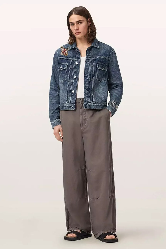 AllSaints spodnie męskie z lnem ECHO M032TE szary AW26