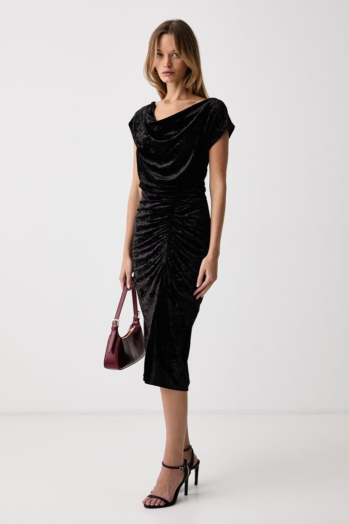DKNY sukienka drapowana welurowa DD5V1M79 czarny AW26