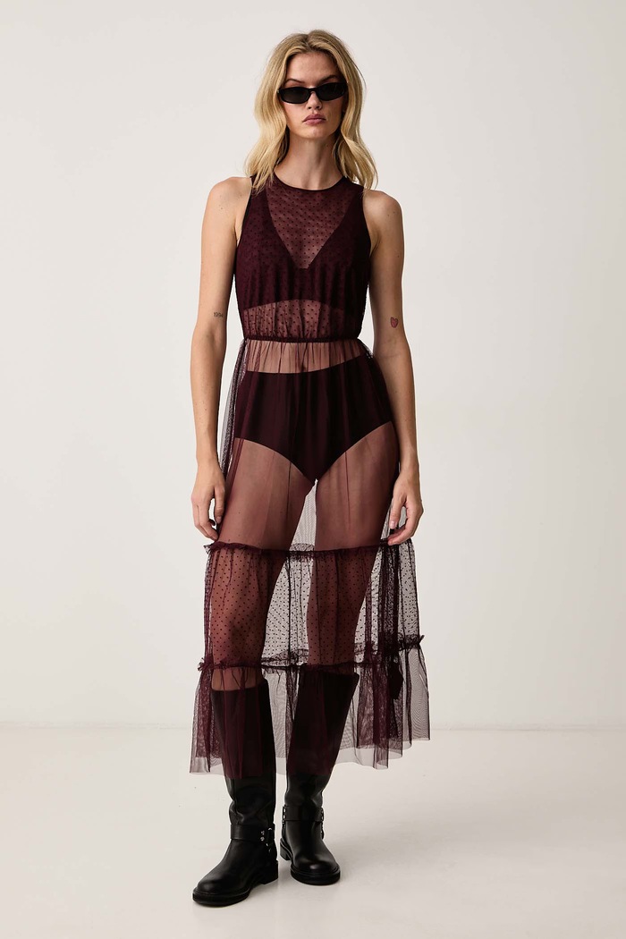 AllSaints Sukienka rozkloszowana TERRA W055DF bordowy AW26