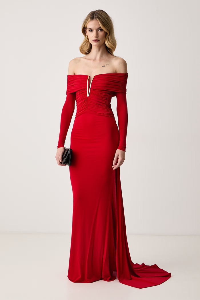 Elisabetta Franchi Sukienka drapowana z wiskozą ABR2667E2 czerwony AW26