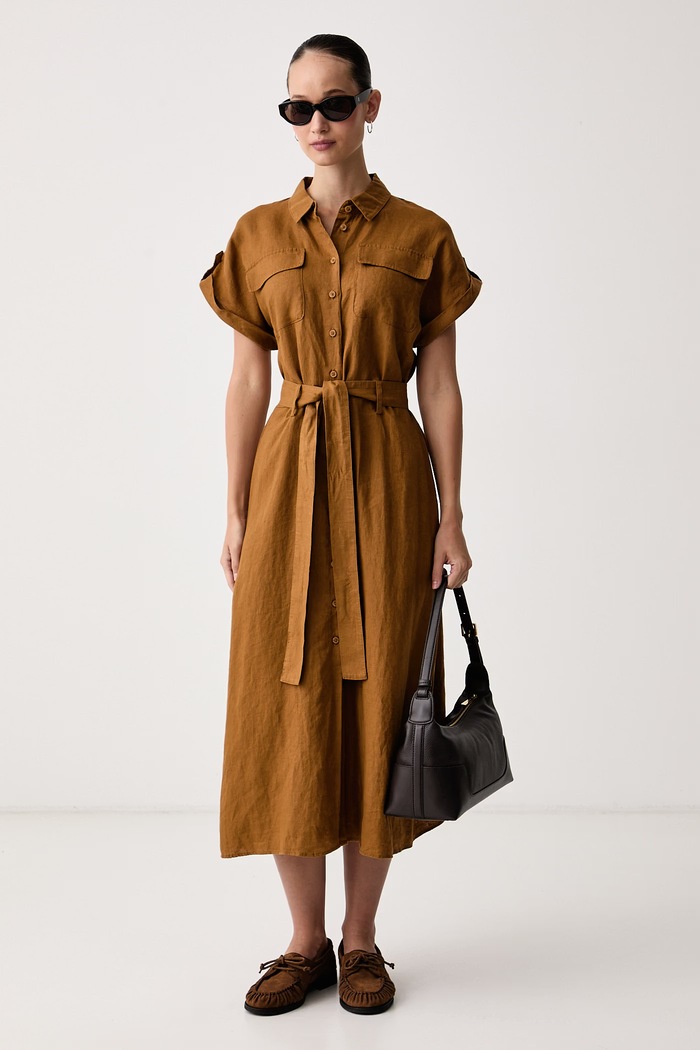 United Colors of Benetton Obleka A-kroja lanena 4AGHDV0D0 rjava AW26