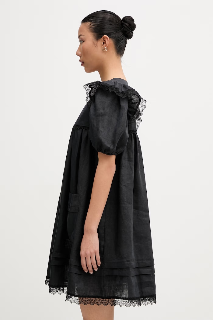 GANNI sukienka babydoll gładka lniana A1030577 czarny AW26