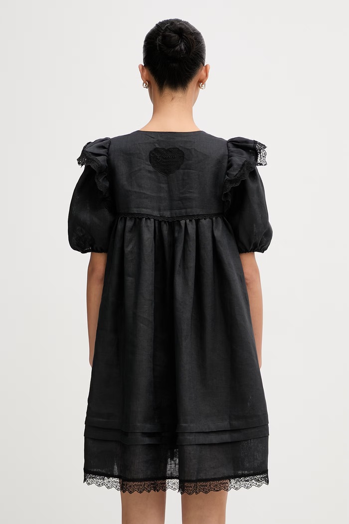 Odzież GANNI sukienka babydoll gładka lniana A1030577 czarny