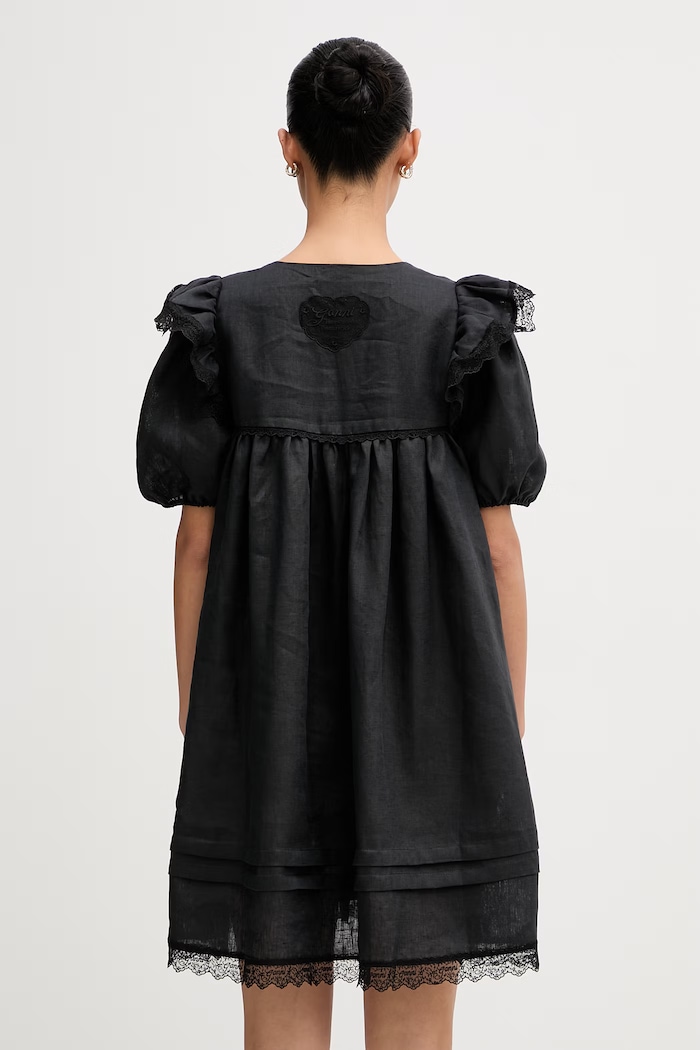 Odzież GANNI sukienka babydoll gładka lniana A1030577 czarny