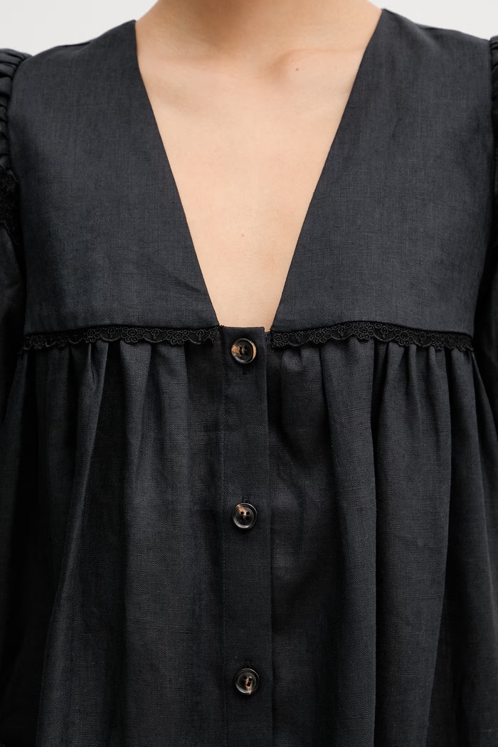 GANNI sukienka babydoll gładka lniana czarny A1030577