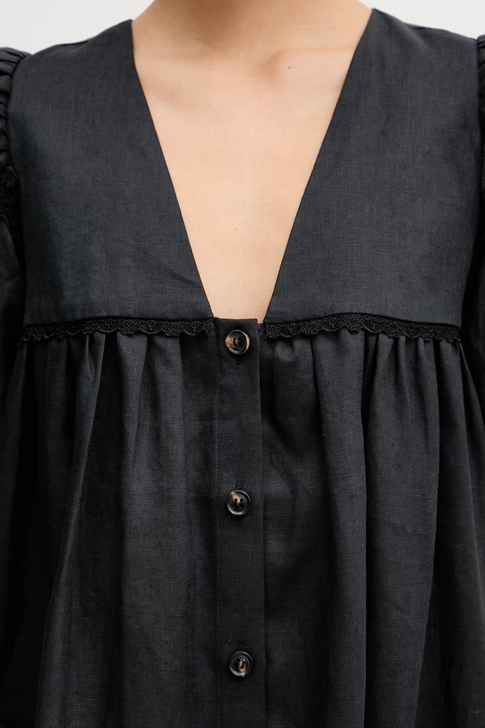 GANNI sukienka babydoll gładka lniana czarny A1030577
