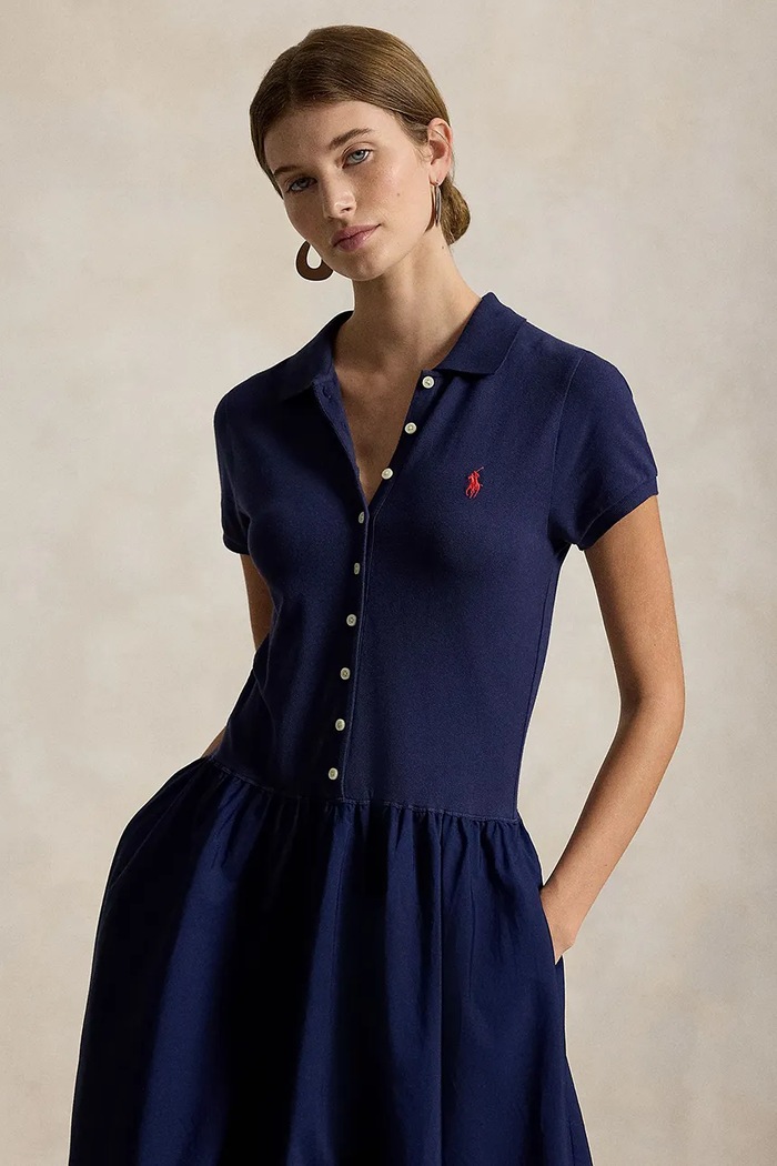 Ρούχα Polo Ralph Lauren Φόρεμα flared βαμβακερό με ελαστάν 211B17443 σκούρο μπλε