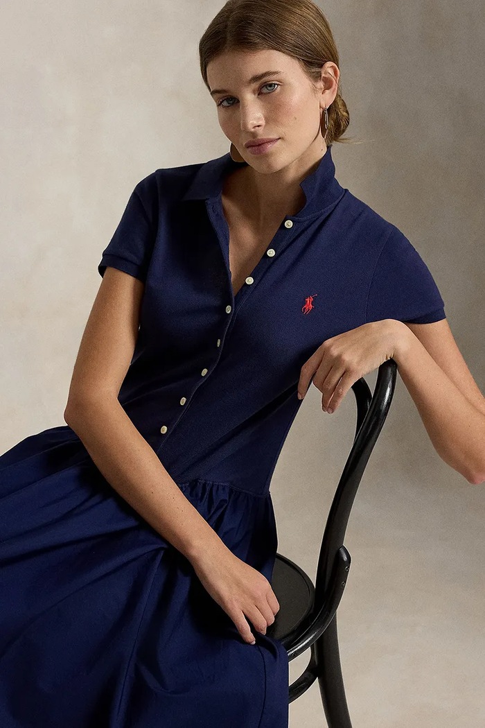 Polo Ralph Lauren Sukienka rozkloszowana bawełniana z elastanem 211B17443 granatowy AW26