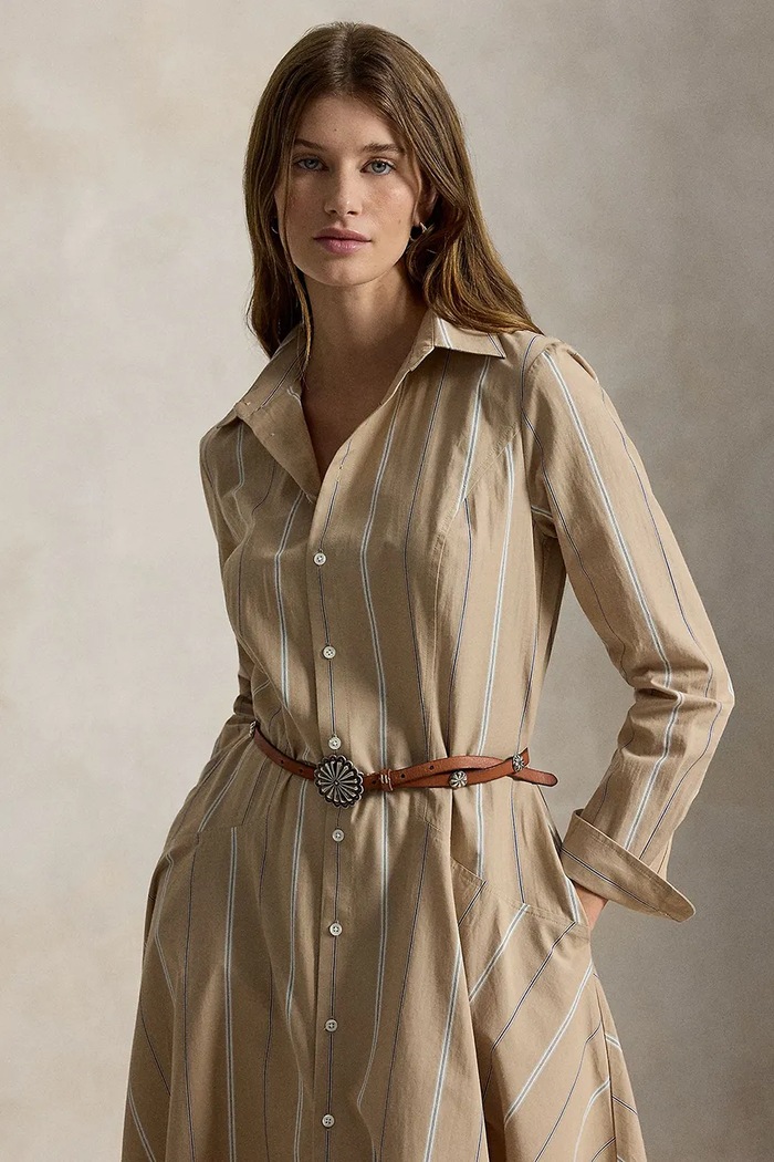 Oblečení Polo Ralph Lauren Rozšířené šaty pruhované bavlněné 211B17478 béžová