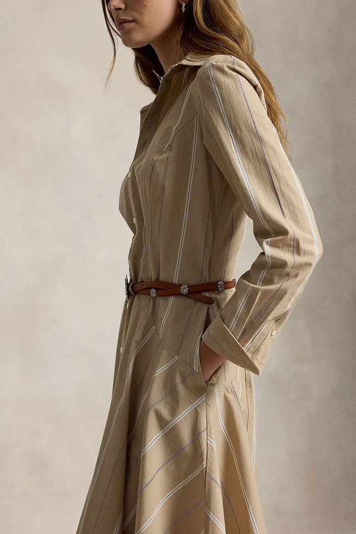 Rozšířené šaty pruhované bavlněné Polo Ralph Lauren 211B17478 béžová