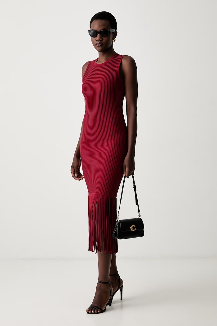 DKNY sukienka sweterkowa z bawełną P6EUAD33 bordowy AW26