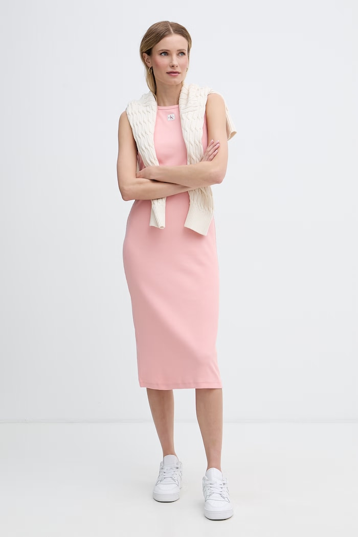 Calvin Klein Jeans rochie din bumbac cu elastan LV047G209G roz AW26