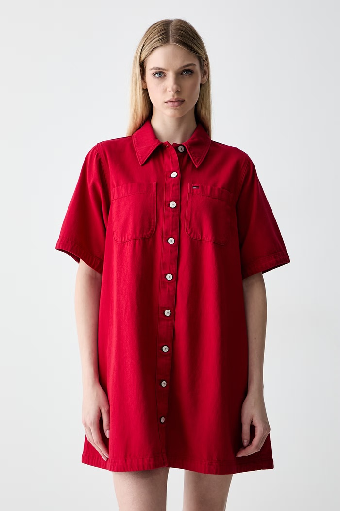 Tommy Jeans srajčna obleka bombažna rdeča DW0DW22847