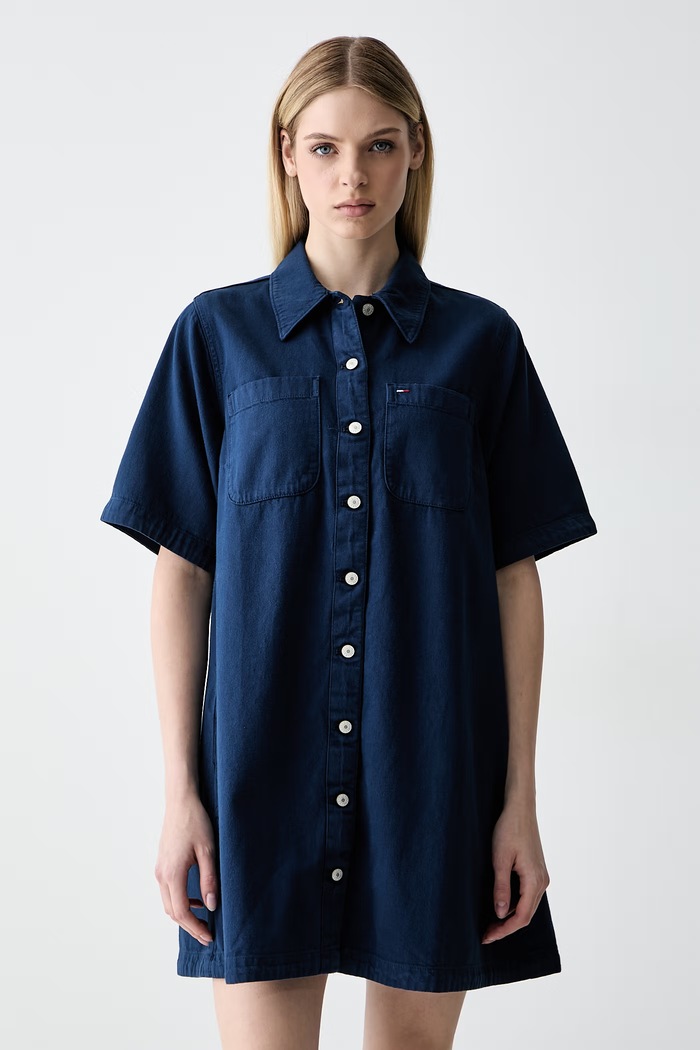 Tommy Jeans srajčna obleka bombažna modra DW0DW22847