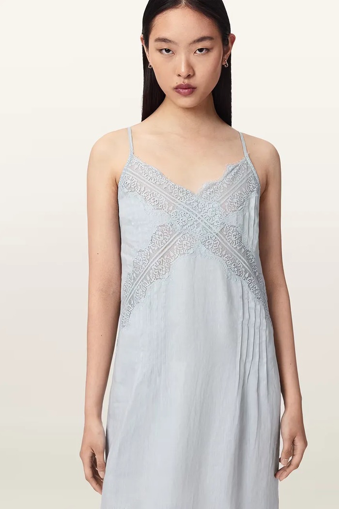 AllSaints sukienka bieliźniana lniana SAMIA niebieski W103DE
