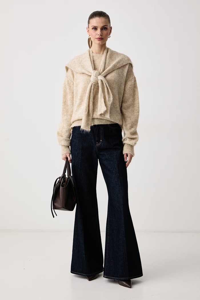 Haveone Sweter damski z dodatkiem wełny MMA.R143 beżowy AW26