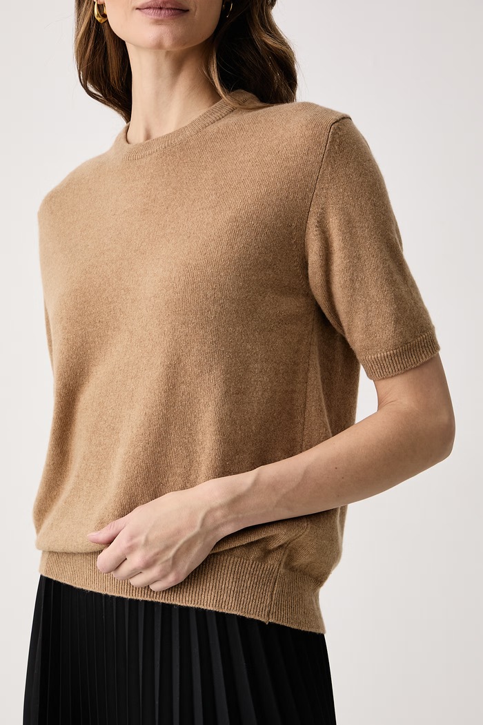 Sweter z krótkim rękawem damski z kaszmirem Haveone MNC.R095 beżowy